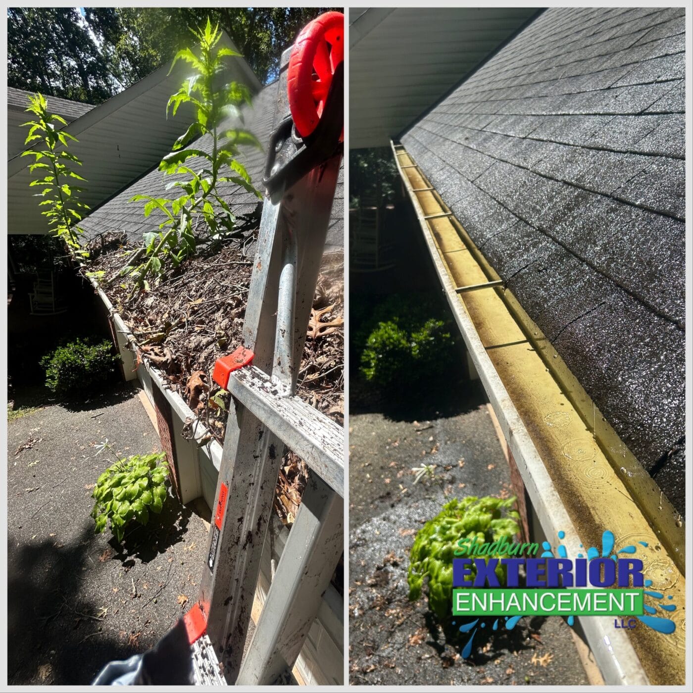 Before and after image showcasing the impact of gutter cleaning: The left side reveals clogged gutters filled with plants and debris, while the right side highlights clean, debris-free gutters.