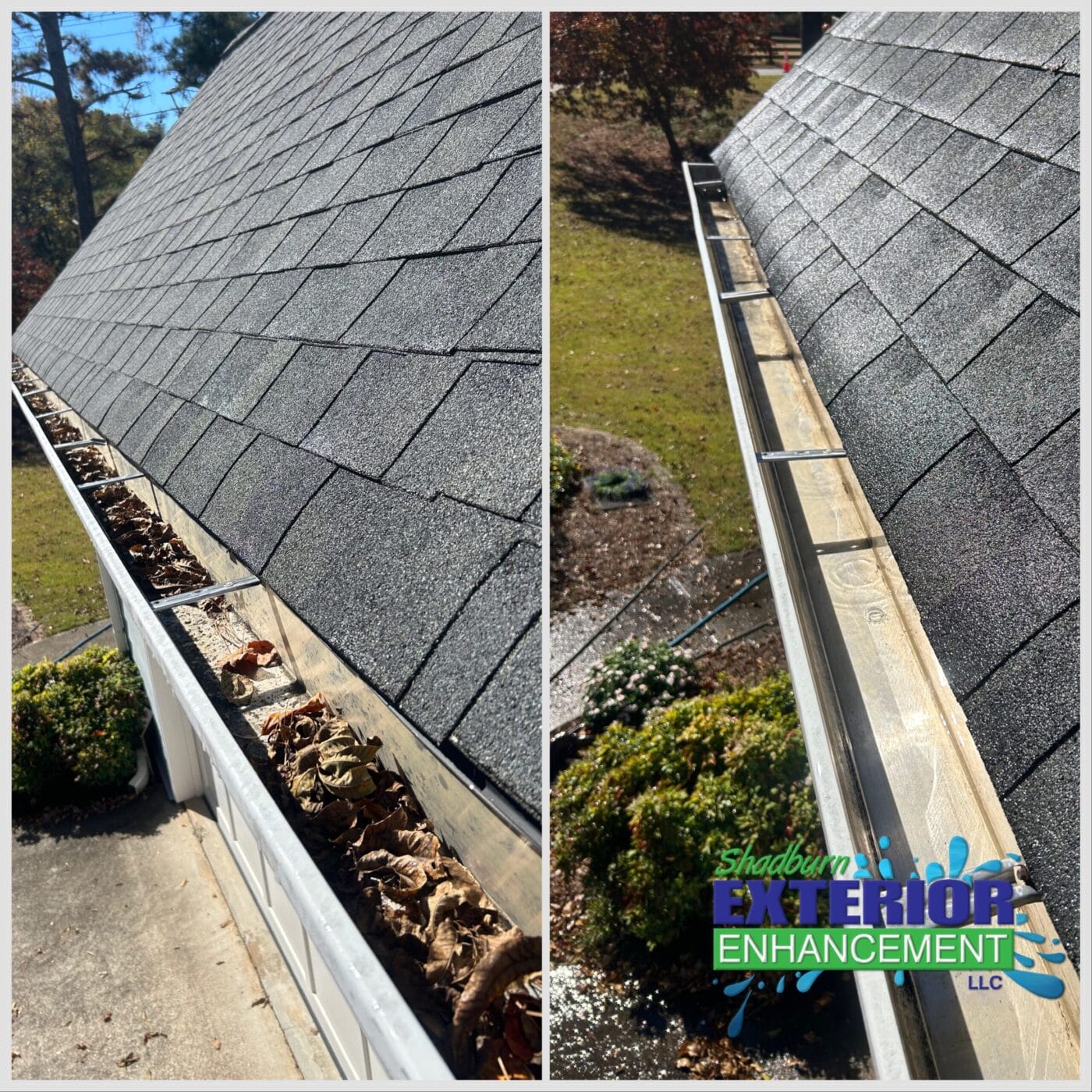 Side-by-side images reveal a house gutter brimming with leaves contrasted by a spotless, leaf-free gutter on the right, achieved through expert pressure washing services. Lush grass and shrubs are visible below, enhancing the home's pristine appearance.