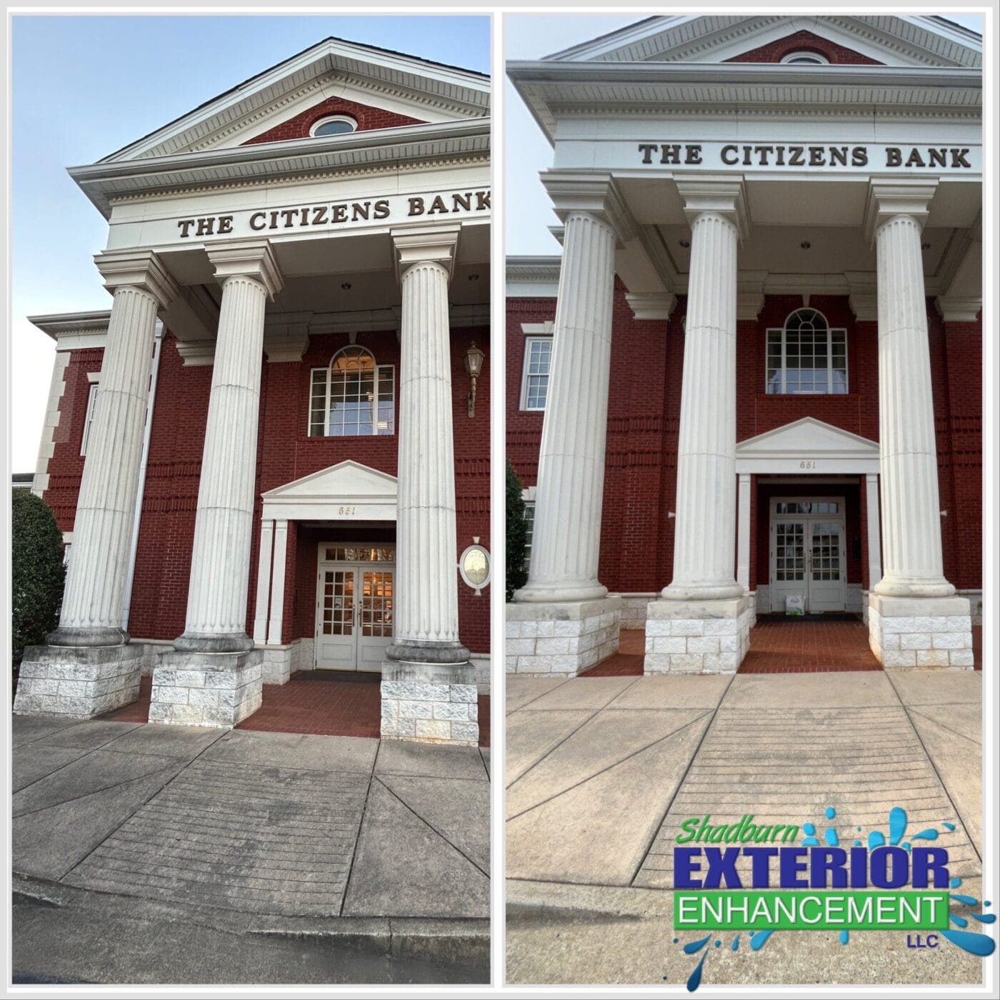 Two images side by side showing a red brick building with four large white columns. The building has The Citizens Bank written on top. A logo for Shadura Exterior Enhancement LLC is at the bottom.