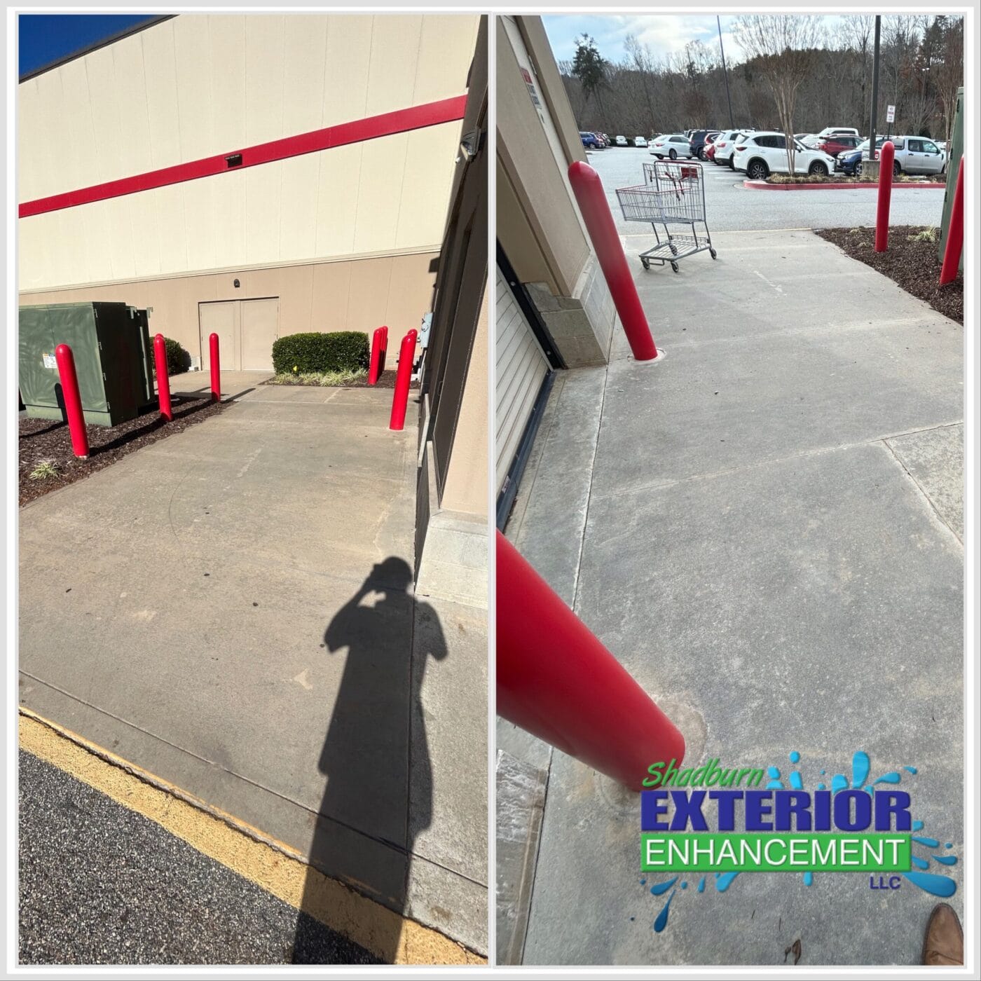 Side-by-side comparison of a store's exterior walkway before and after cleaning. Left image shows a shadowy, stained path; right image shows a brighter, clean walkway. Shopping cart visible.