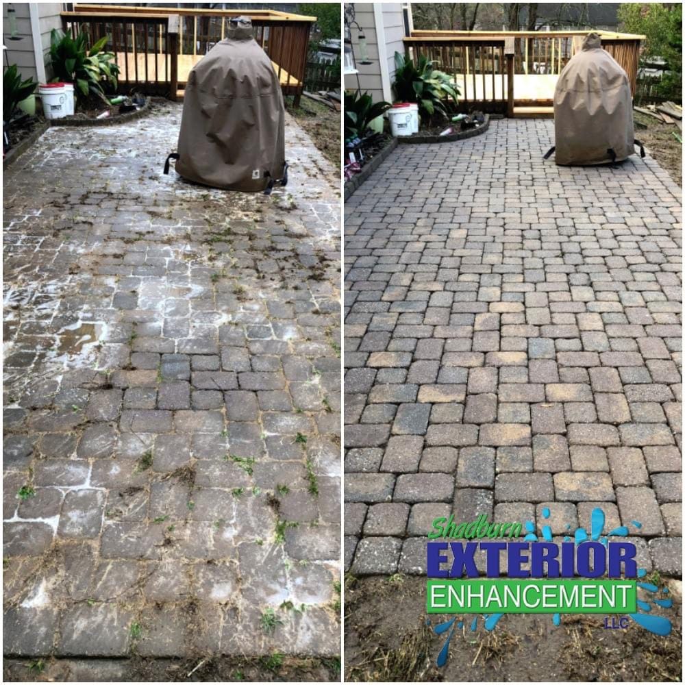 Side-by-side comparison of a patio before and after cleaning; left shows dirt and weeds, right shows clean, restored pavers. Logo in the bottom right.