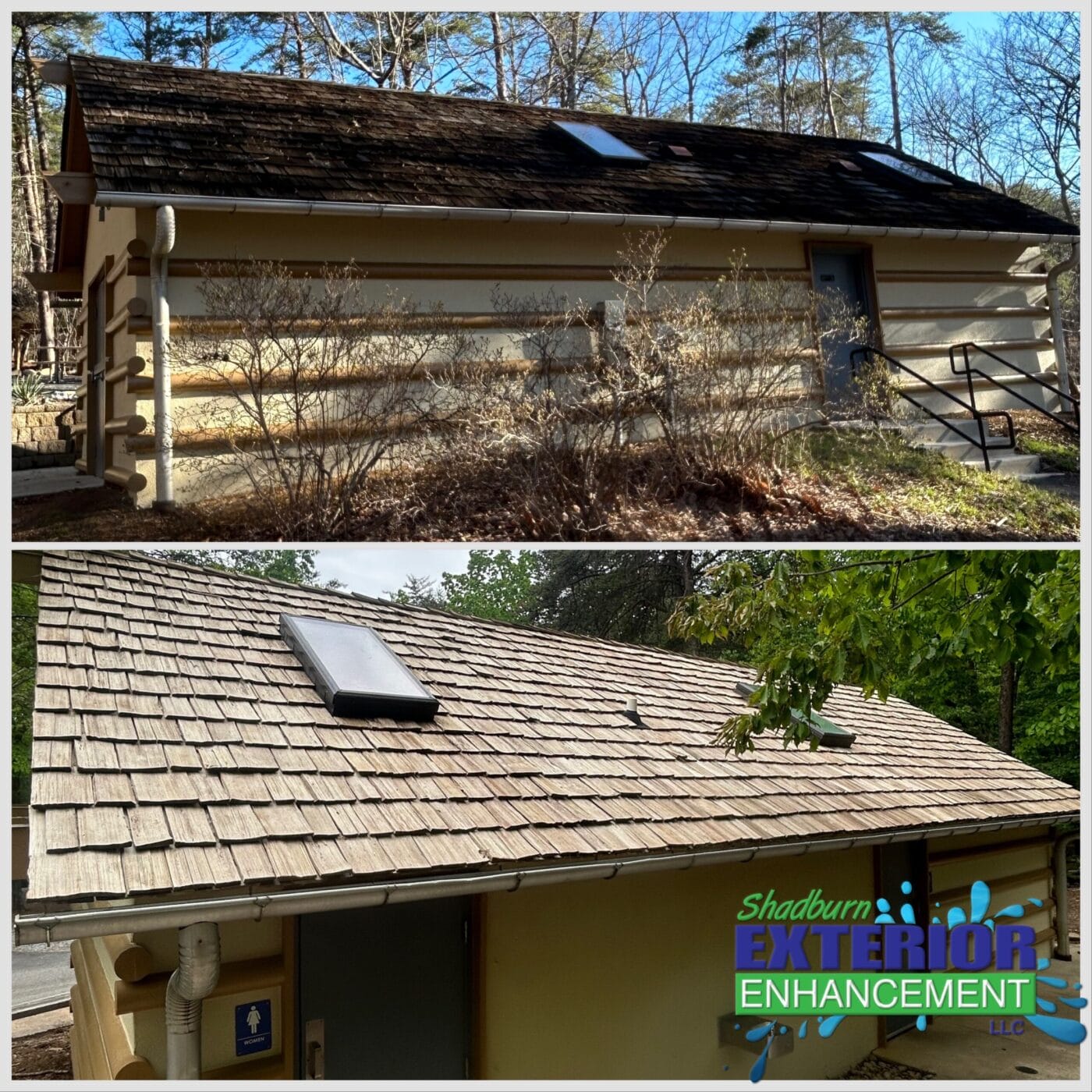 Side-by-side comparison of a building roof top image shows old, worn shingles; bottom image shows new, clean shingles and solar panel. Shadburn Exterior Enhancement logo on bottom right.