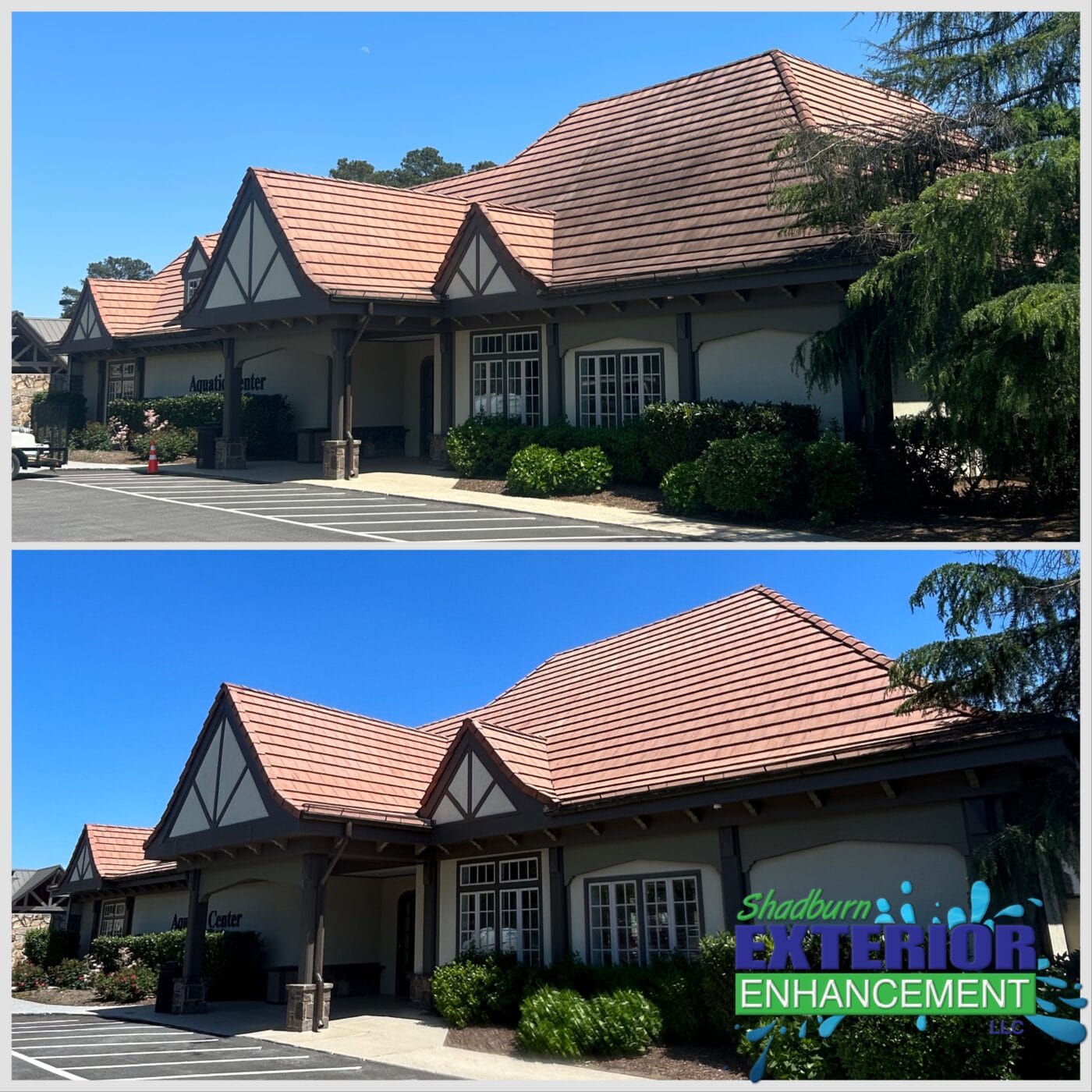 Side-by-side images of a building exterior before and after enhancements, featuring improved landscaping and signage.