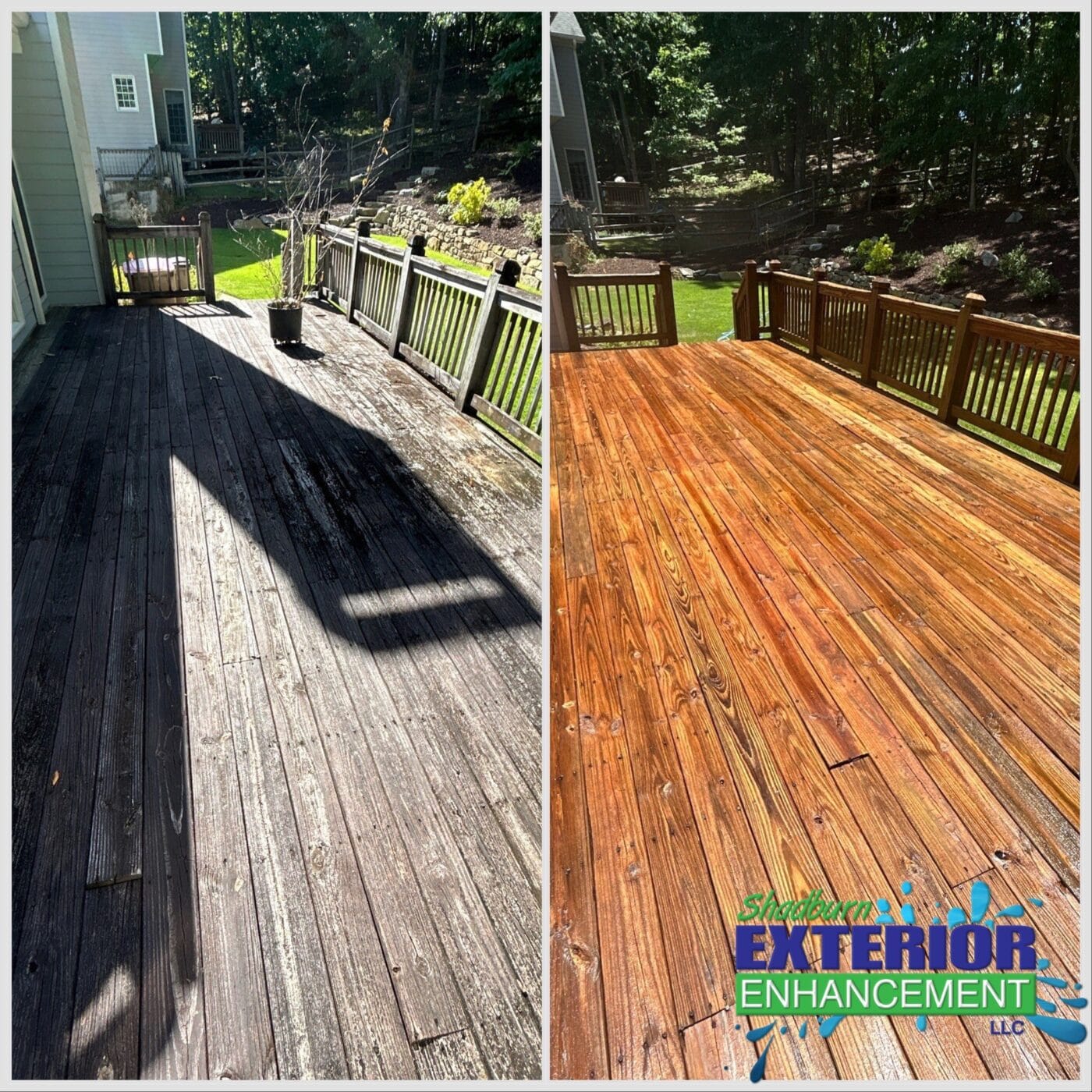 Before and after images of a wooden deck. Left side shows an old, weathered deck; right side shows a freshly cleaned and restored deck. Logo in the bottom right corner.