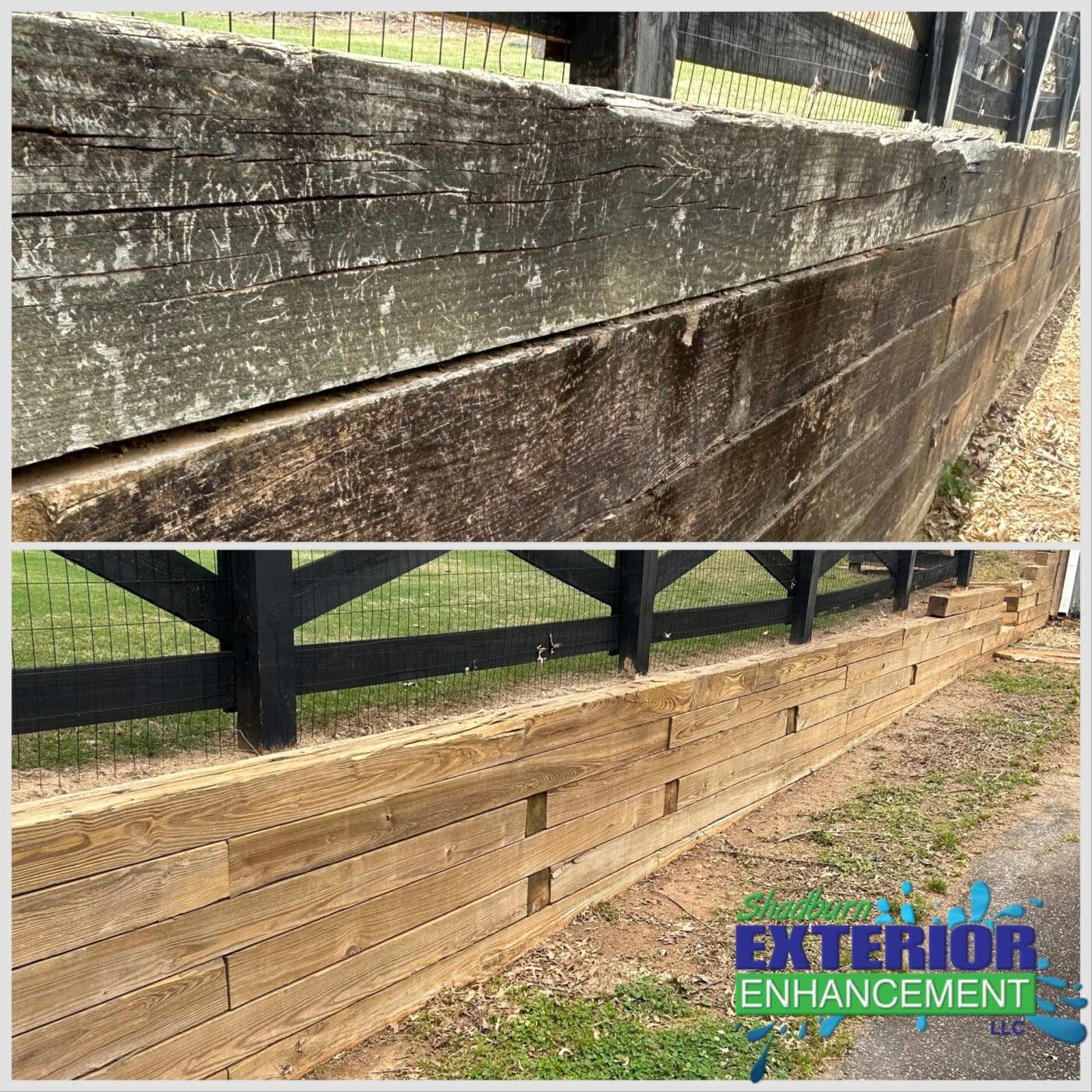 Before and after comparison of a wooden fence repair, with the top image showing weathered boards and the bottom image showing freshly replaced boards. Logo in the corner: Shenandoah Exterior Enhancement.