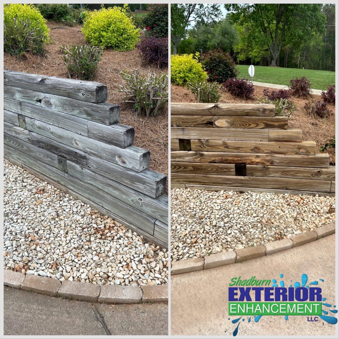 Split image showing wooden retaining walls. Left side has a weathered gray wall; right side shows a restored, stained wall. Logo reads Shadburn Exterior Enhancement LLC at the bottom right.