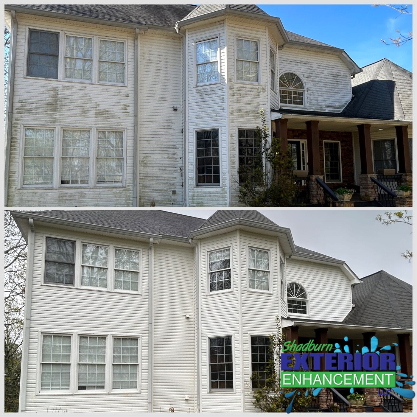 Before and after images of a house with white siding. The top image shows dirt and stains; the bottom image shows a clean exterior. A logo reads Shadburn Exterior Enhancement.