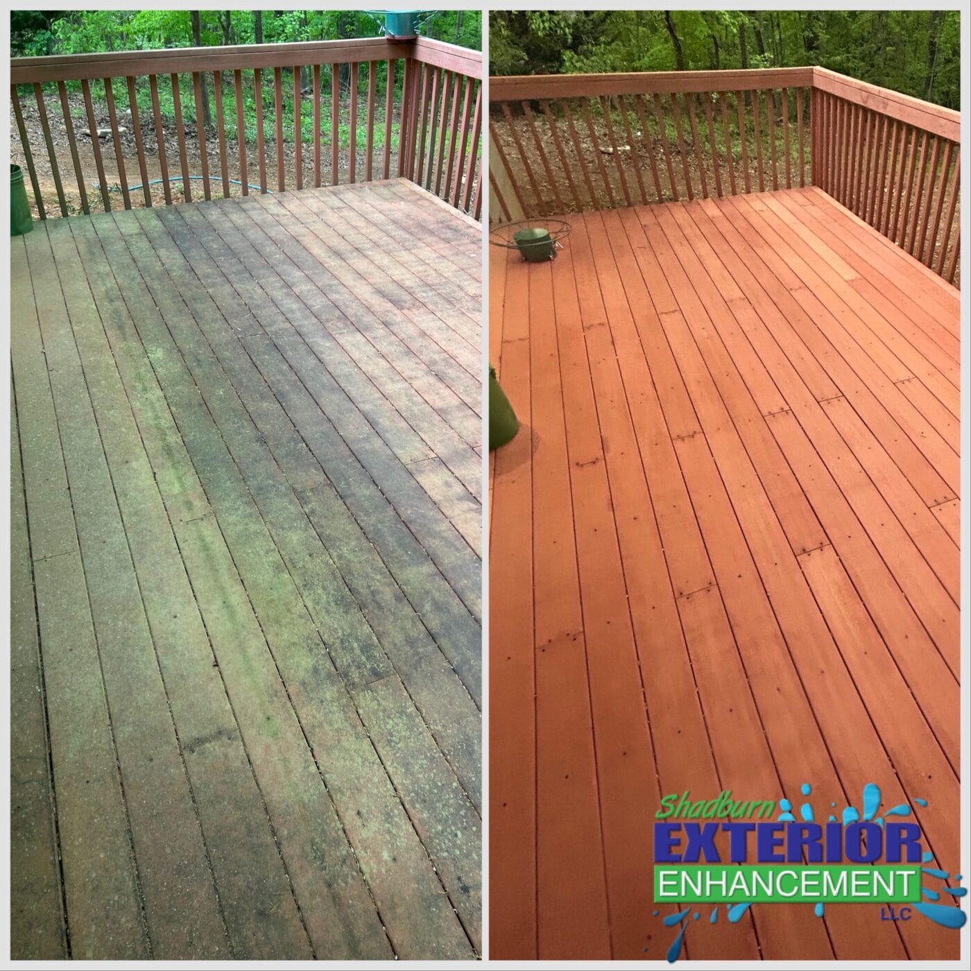 Side-by-side comparison of a wooden deck before cleaning—weathered and dirty—and after, looking clean and freshly stained. Thanks to our pressure washing services, it shines like new. Logo in the corner reads Shaburn Exterior Enhancement.