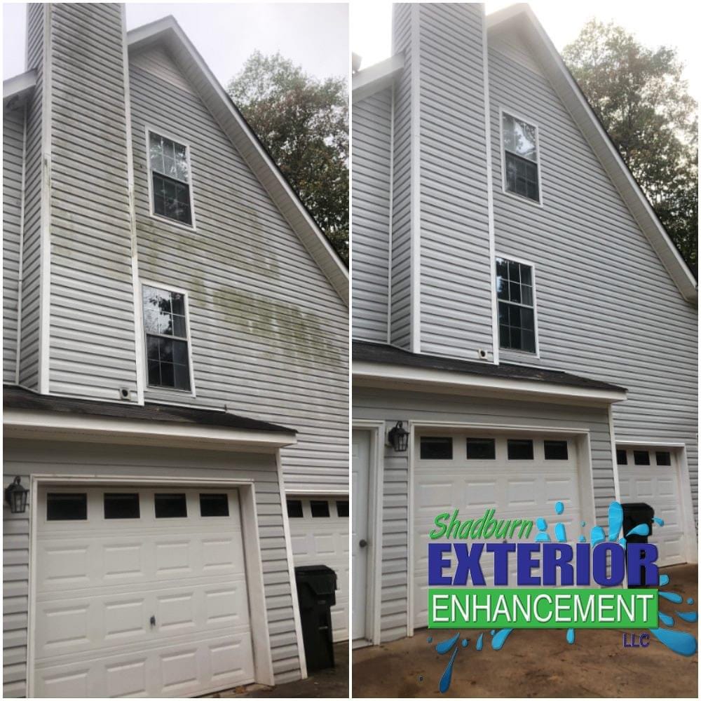 Before and after images of a house exterior cleaning; left side shows dirty siding, right side shows clean siding. Logo in the bottom right corner.